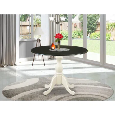 East West Furniture Dining Room Table With Drop Leaves - Black Table Top And Linen White Pedestal Leg Finish