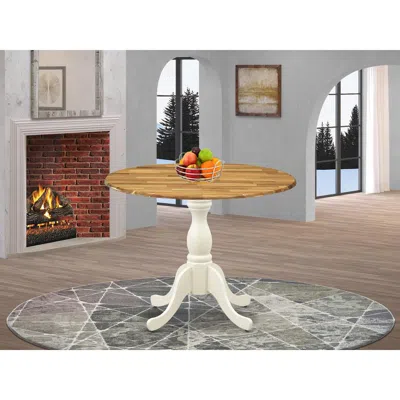 East West Furniture Dining Room Table With Drop Leaves - Natural Table Top And Linen White Pedestal Leg Finish
