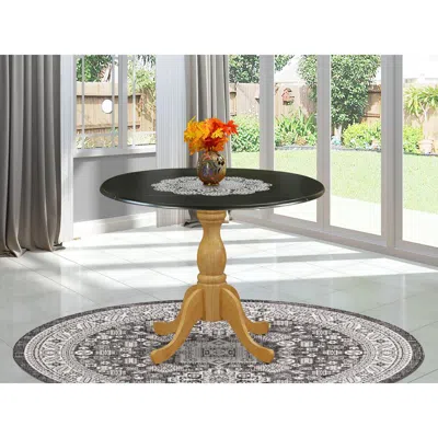 East West Furniture Dinning Table With Drop Leaves - Black Table Top And Oak Pedestal Leg Finish In Gold