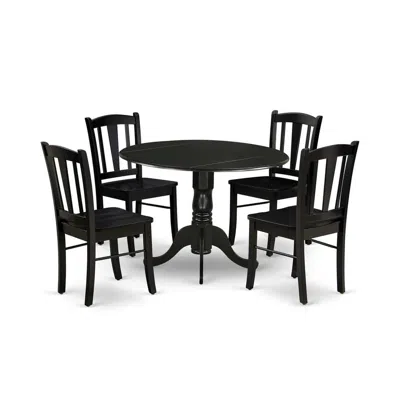 East West Furniture Dldl5-blk-w - 5-pc Dining Room Set - 4 Dining Room Chairs And 1 Drops Leaf Kitchen Table - Black Fin
