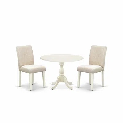 East West Furniture Dmab3-lwh-02 3 Piece Dining Room Set Includes 1 Drop Leaves Wood Table And 2 Light Beige Linen Fabri