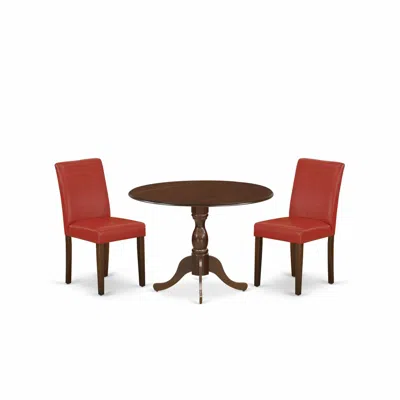 East West Furniture Dmab3-mah-72 3 Piece Kitchen Table Set Includes 1 Drop Leaves Dining Room Table And 2 Firebrick Red 