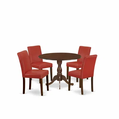 East West Furniture Dmab5-mah-72 5 Piece Dining Table Set Contains 1 Drop Leaves Dining Table And 4 Firebrick Red Pu Lea