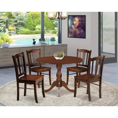 East West Furniture Dmdl5-mah-w - 5-pc Kitchen Dining Room Set- 4 Dining Chairs With Wooden Seat And Slatted Chair Back  In Brown