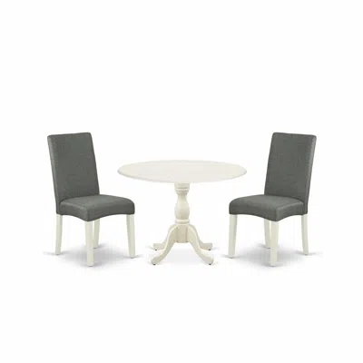 East West Furniture Dmdr3-lwh-07 3 Piece Wood Dining Table Set Includes 1 Drop Leaves Dining Room Table And 2 Grey Linen In Gray