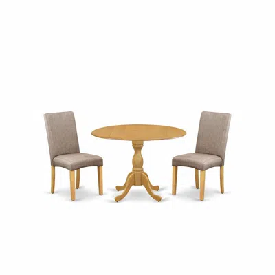 East West Furniture Dmdr3-oak-16 3 Piece Table And Chairs Dining Set - Oak Modern Dining Table And 2 Dark Khaki Linen Fa In Multi