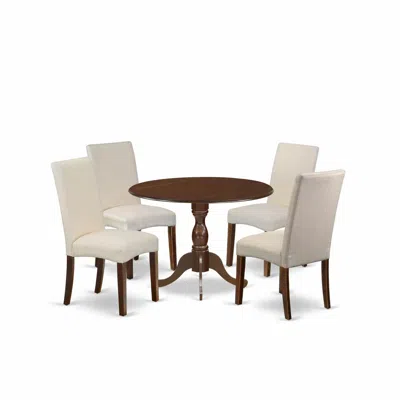 East West Furniture Dmdr5-mah-01 5 Piece Dining Set Consists Of 1 Drop Leaves Dining Table And 4 Cream Linen Fabric Dinn