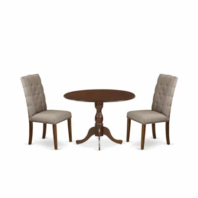 East West Furniture Dmel3-mah-16 3 Piece Dining Table Set Consists Of 1 Drop Leaves Dining Table And 2 Dark Khaki Linen 
