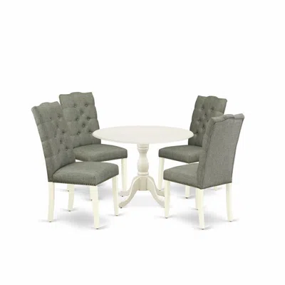 East West Furniture Dmel5-lwh-07 5 Piece Dining Table Set Includes 1 Drop Leaves Wooden Table And 4 Smoke Linen Fabric D In Brown
