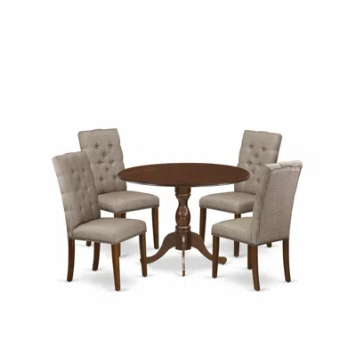 East West Furniture Dmel5-mah-16 5 Piece Dining Set Includes 1 Drop Leaves Wooden Table And 4 Dark Khaki Linen Fabric Pa