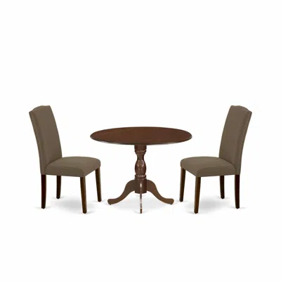 East West Furniture Dmen3-mah-18 3 Piece Dining Room Set Includes 1 Drop Leaves Dining Table And 2 Dark Coffee Linen Fab In Brown