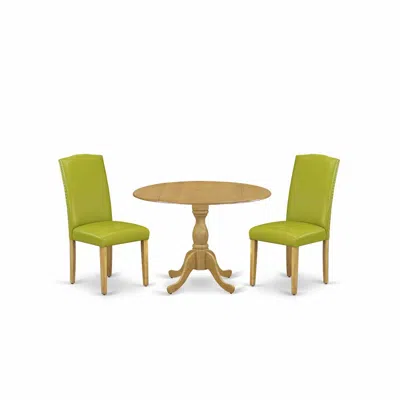 East West Furniture Dmen3-oak-51 3 Piece Kitchen Table Set - Oak Breakfast Table And 2 Autumn Green Pu Leather Chairs Fo