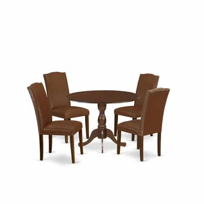 East West Furniture Dmen5-mah-66 5 Piece Kitchen Table Set Consists Of 1 Drop Leaves Dining Table And 4 Brown Faux Leath