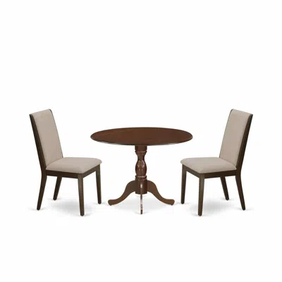 East West Furniture Dmla3-mah-04 3 Piece Dining Set - Mahogany Breakfast Table And 2 Light Tan Linen Fabric Mid Century  In Brown