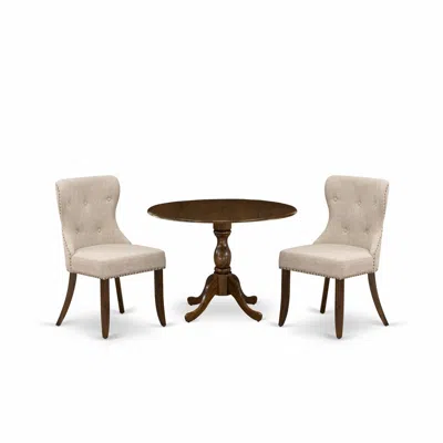 East West Furniture Dmsi3-awa-04 3 Piece Dining Table Set Includes 1 Drop Leaves Wooden Table And 2 Light Tan Linen Fabr
