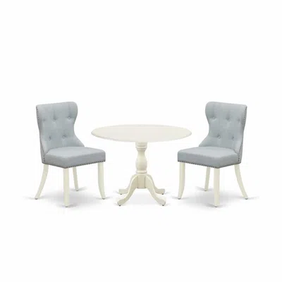 East West Furniture Dmsi3-lwh-15 3 Piece Kitchen Table Set Consists Of 1 Drop Leaves Dining Table And 2 Baby Blue Linen  In Multi