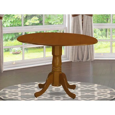 East West Furniture Dublin Round Table With Two 9" Drop Leaves In Saddle Brown Finish