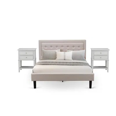 East West Furniture Fn08q-2vl14 3-piece Fannin Bedroom Set With 1 Queen Bed And 2 Night Stands - Mist Beige Linen Fabric