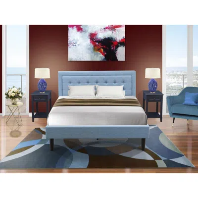 East West Furniture Fn11q-2de15 3-piece Platform Bed Set With 1 Queen Bed Frame And 2 Night Stands - Denim Blue Linen Fa