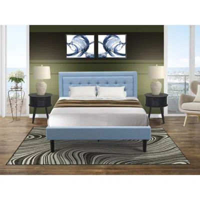 East West Furniture Fn11q-2go15 3-piece Platform Bed Set With 1 Mid Century Bed And 2 Small Nightstands - Denim Blue Lin