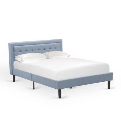 East West Furniture Fnf-11-q Platform Queen Size Bed - Denim Blue Linen Fabric Upholestered Bed Headboard With Button Tu