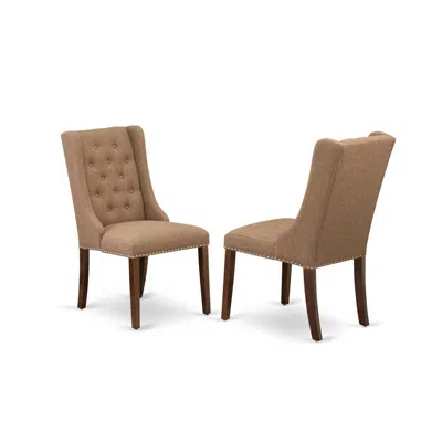 East West Furniture Fop3t47 Dining Chairs - Light Sable Linen Fabric Parson Dining Chairs And Button Tufted Back With Ma