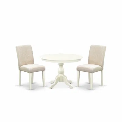 East West Furniture Hbab3-lwh-02 3 Piece Dining Table Set - Linen White Round Dining Table And 2 Light Beige Linen Fabri In Brown