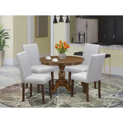 East West Furniture Hbab5-awa-05 5 Pc Kitchen Table Set - Round Dining Table With 4 Grey Upholstered Chairs - Acacia Wal In Brown
