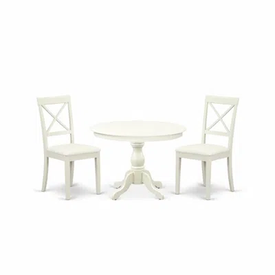 East West Furniture Hbbo3-lwh-c 3 Piece Dining Room Set - Linen White Wood Table And 2 Linen White Faux Leather Dining R