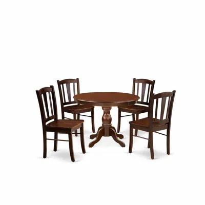 East West Furniture Hbdl5-mah-w - 5-piece Dining Room Set- 4 Dining Chairs And Dining Room Table - Wooden Seat And Slatt In Brown