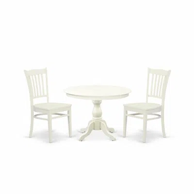 East West Furniture Hbgr3-lwh-w 3 Piece Table Set - Linen White Round Dining Table And 2 Linen White Kitchen Chairs With In Brown