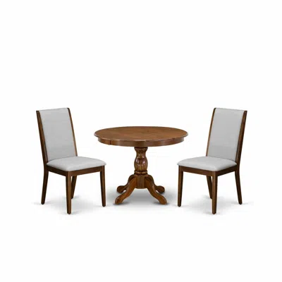 East West Furniture Hbla3-awa-05 3 Piece Table And Chairs Dining Set - Acacia Walnut Dining Room Table And 2 Grey Linen 