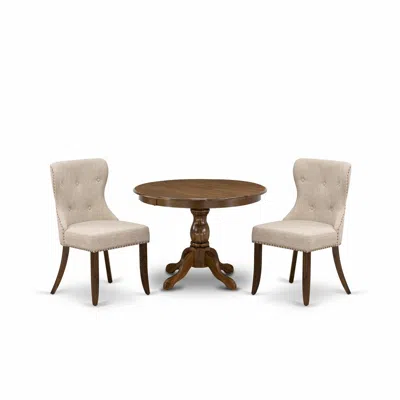 East West Furniture Hbsi3-awa-04 3 Piece Dining Table Set - Acacia Walnut Dining Table And 2 Light Tan Linen Fabric Dini