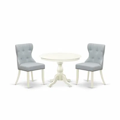 East West Furniture Hbsi3-lwh-15 3 Piece Table Set - Linen White Small Kitchen Table And 2 Baby Blue Linen Fabric Dining