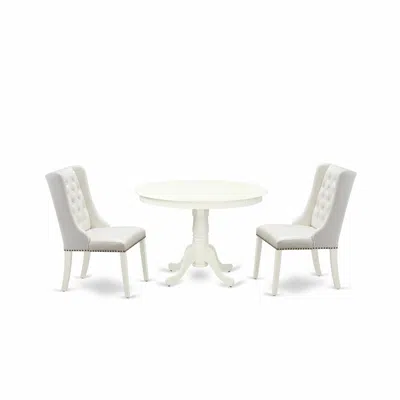 East West Furniture Hlfo3-lwh-44 3-pc Kitchen Table Set Includes 1 Pedestal Kitchen Table And 2 Light Grey Linen Fabric 
