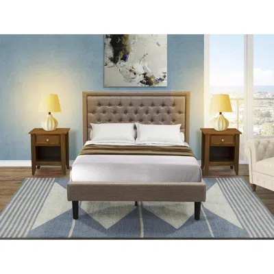 East West Furniture Kd16f-2ga08 3 Piece Bedroom Set - Platform Bed Dark Khaki Headboard With 2 Nightstands - Black Finis