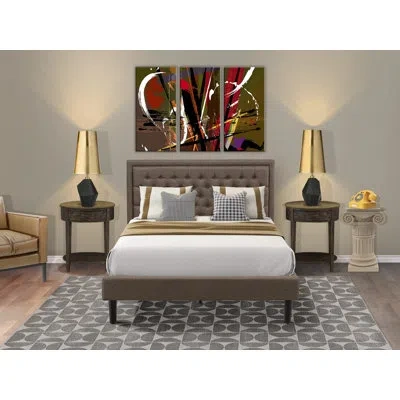 East West Furniture Kd18q-2hi07 3 Piece Queen Bedroom Set - 1 Bed Frame Brown Linen Fabric Padded And Button Tufted Head In Brown,distressed Jacobean