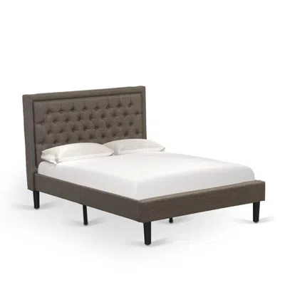 East West Furniture Kdf-18-f Platform Full Bed Frame - Brown Linen Fabric Upholestered Bed Headboard With Button Tufted 