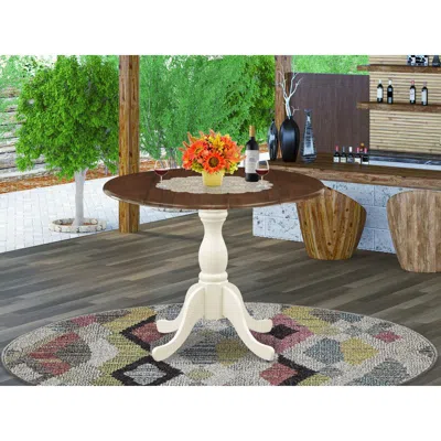 East West Furniture Kitchen Table With Drop Leaf - Walnut Table Top And Linen White Pedestal Leg Finish