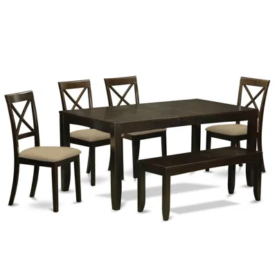 East West Furniture Lybo6-cap-c 6 Pc Kitchen Table With Bench-table With Leaf 4 Kitchen Dining Chairs And Bench In Brown