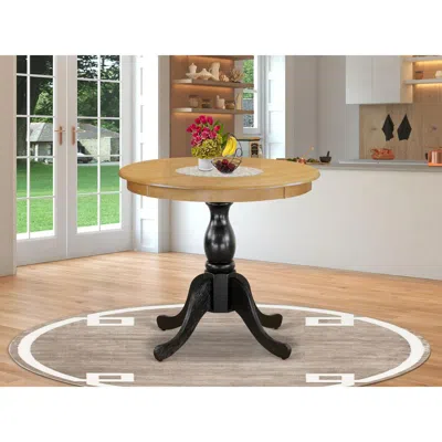 East West Furniture Mid Century Dining Table - Oak Table Top And Black Pedestal Leg Finish In Brown
