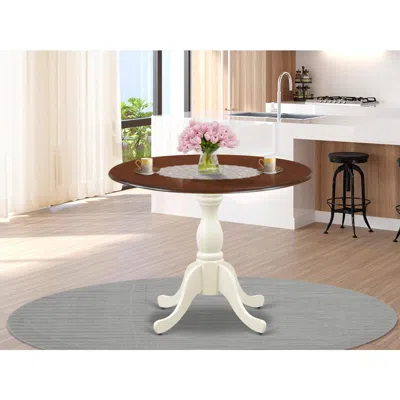 East West Furniture Mid Century Dining Table With Drop Leaves - Mahogany Table Top And Linen White Pedestal Leg Finish