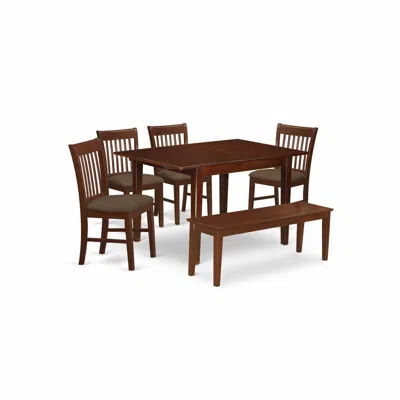 East West Furniture Mlno6c-mah-c 6 Pc Dinette Set For Small Spaces- Tables And 4 Dining Chairs And Bench In Brown