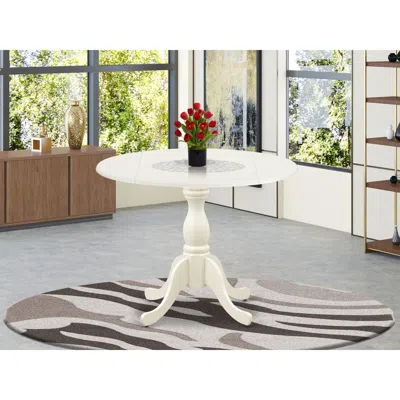 East West Furniture Modern Kitchen Table With Drop Leaves - Linen White Table Top And Linen White Pedestal Leg Finish