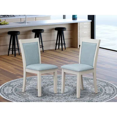 East West Furniture Mzc0t15 Dining Room Chairs Set Of 2 - Baby Blue Linen Fabric Seat And High Chair Back -wire Brushed  In White