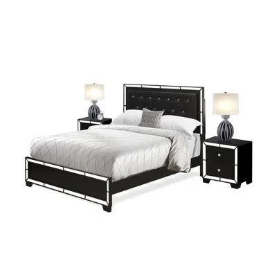 East West Furniture Ne11-q2n000 3-pc Nella Bedroom Set With Button Tufted Queen Bedframe And 2 Modern Nightstands - Blac