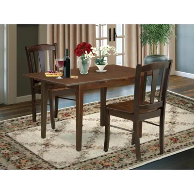 East West Furniture Nfdl3-mah-w - 3-pc Dining Room Table Set- 2 Dining Chair With Wooden Seat And Slatted Chair Back - B In Brown