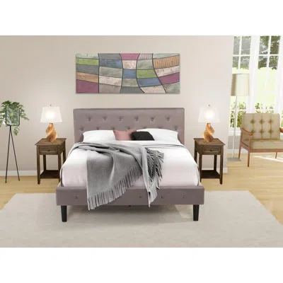 East West Furniture Nl14q-2de07 3 Pc Bed Set - 1 Wood Bed Brown Taupe Velvet Fabric Headboard And 2 Nightstand - Distres