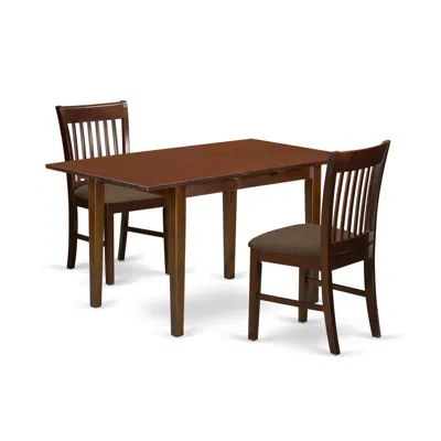 East West Furniture Nofk3-mah-c 3 Pc Dinette Set- Table With A 12in Leaf And 2 Dining Chairs In Brown