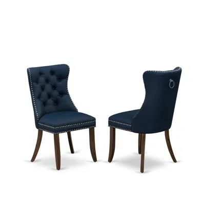 East West Furniture Parson Chairs - Navy Blue Faux Leather Upholstered, Set Of 2, Antique Walnut
